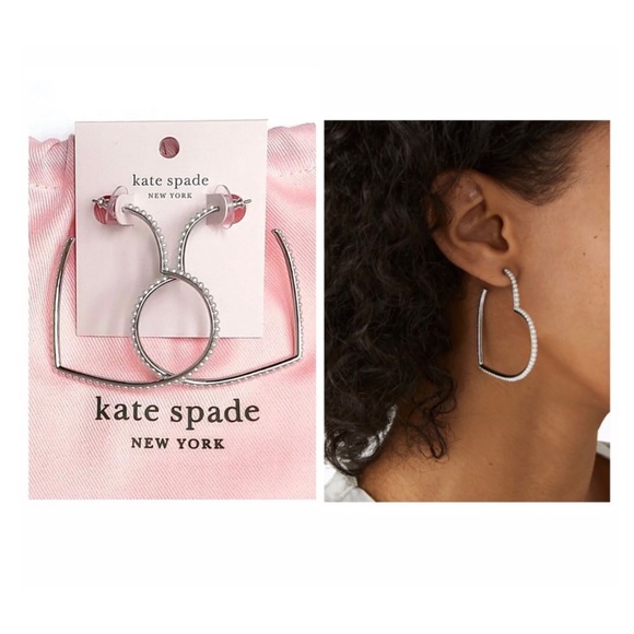 NWT Kate Spade ♠️ SHINING SPADE Silver Tone Faux Pearl Heart Hoop Earrings
